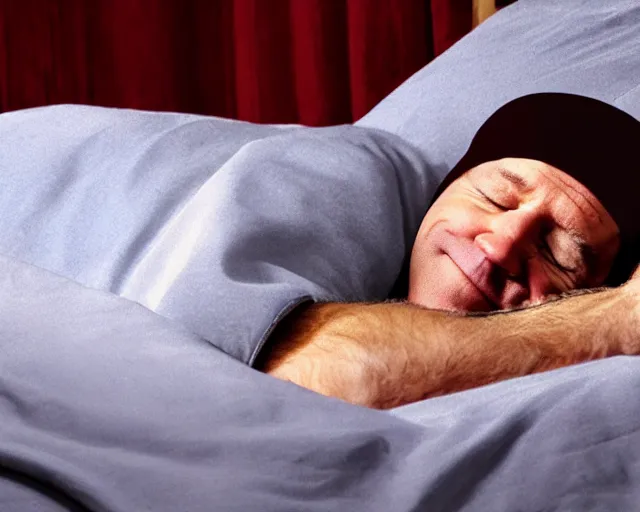 Prompt: comfy joe biden sleeping in big comfy bed under the covers with bedcap on