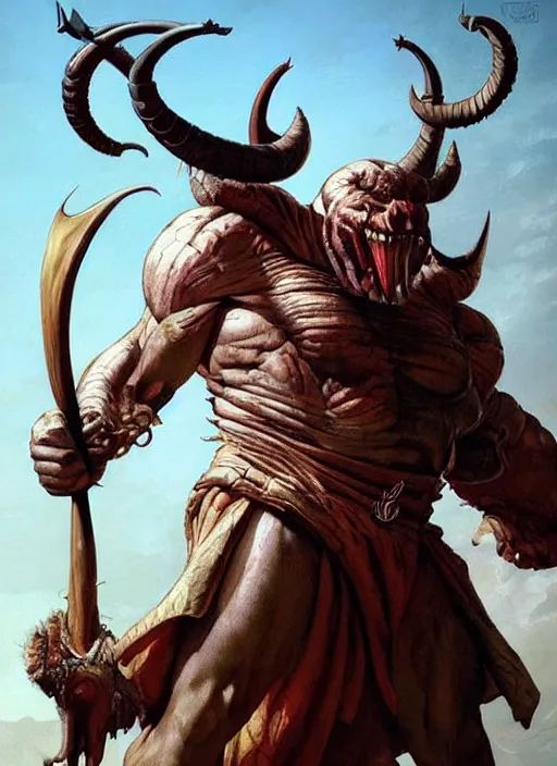 Image similar to horned humanoid with huge veined muscular arms wearing coloured medieval costume, fluid, smooth, organic, crazy, high contrast, sharpness, dramatic, by greg rutkowski and siudmak and richard corben and moebius