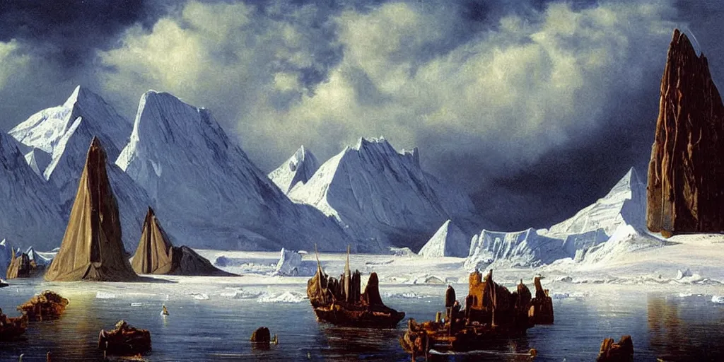 Image similar to Antarctica with pyramids, oil painting, highly detailed, artwork, in style of Albert bierstadt