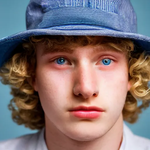 Image similar to close up of 1 8 year old man with wavy / curly light blonde hair, blue eyes, pale complexion, wearing 1 9 5 0 s clothing, 8 5 mm f / 1. 4