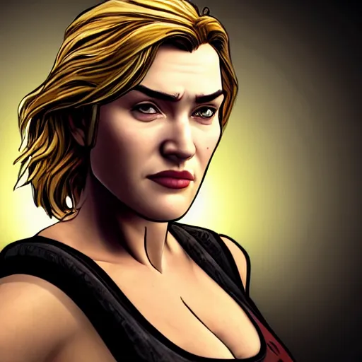 Image similar to kate winslet portrait, borderlands, tales from the borderlands, the wolf among us, comic, cinematic lighting, studio quality, 8 k