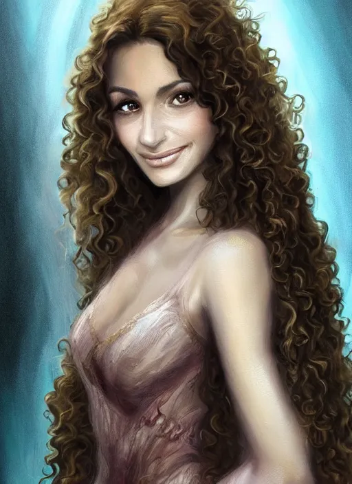 Image similar to beautiful angel woman, brunette smiling , curly hairstyle, looks like Ebru Şahin, Reyyan, looks like Fabiula Nascimento, looks like Laura Barriales, looks like Julia Roberts, D&D, fantasy, intricate, elegant, highly detailed, digital painting, artstation, concept art, character design, smooth, sharp focus, illustration, art by artgerm and greg rutkowski and alphonse mucha