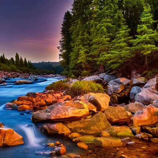 Image similar to a beautiful landscape, river, rocks, trees, iridescent lights
