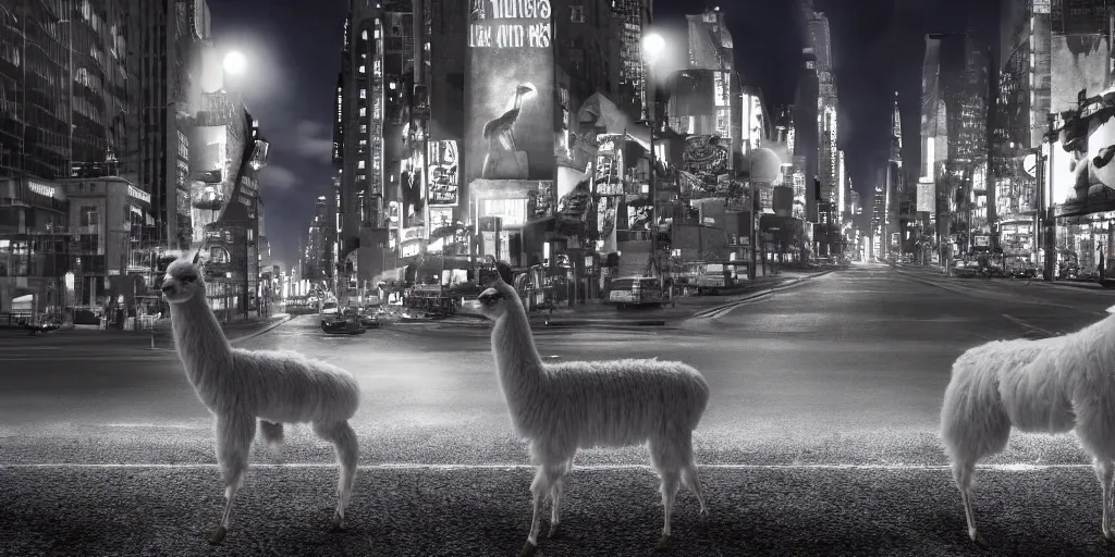 Image similar to a llama walking through a desolate manhattan city street at night, statue of liberty seen in the background, realistic 4 k octane beautifully detailed render, 4 k post - processing, highly detailed, intricate complexity, epic composition, magical atmosphere, cinematic lighting, masterpiece, ultra hd