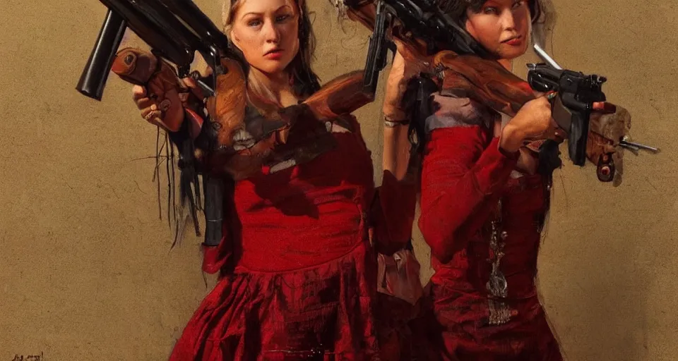 Image similar to a woman in a red wild west dress holding a shotgun, realistic painting by drew struzan, anatomically correct, beautiful, soft lighting, artstation