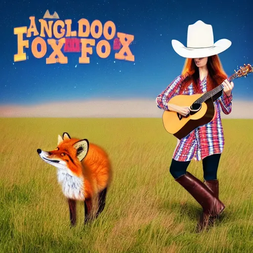 Image similar to a female fluffy anthropomorphic fox animal, wearing cowboy hat, wearing plaid shirt, playing guitar, in a field, barn in background, album cover style