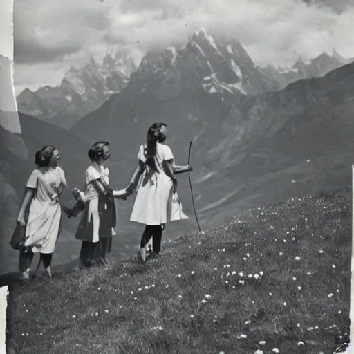 Prompt: maidens frolicking atop a grassy hill in the Swiss alps, 1935