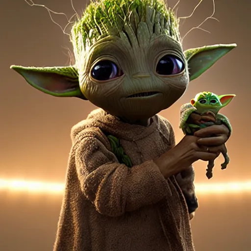 Prompt: photo realistic image of a baby groot hold baby yoda, stunning 3 d render inspired art by istvan sandorfi and greg rutkowski, perfect facial symmetry, realistic, highly detailed attributes and atmosphere, dim volumetric cinematic lighting,