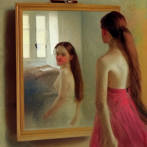 Image similar to painting representing an alone girl in her room looking at herself in the mirror in the style of Anders Zorn