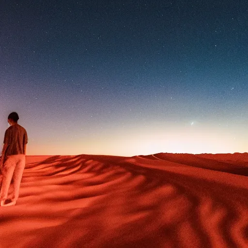 Prompt: a photo of a silhouette of a person in a color lit desert at night