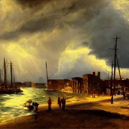 Image similar to oil painting of american old west town, harbour, dramatic storm clouds, dusty street, sunrays, dramatic, very very very beautiful art, cinematic lighting, romanticism by goya