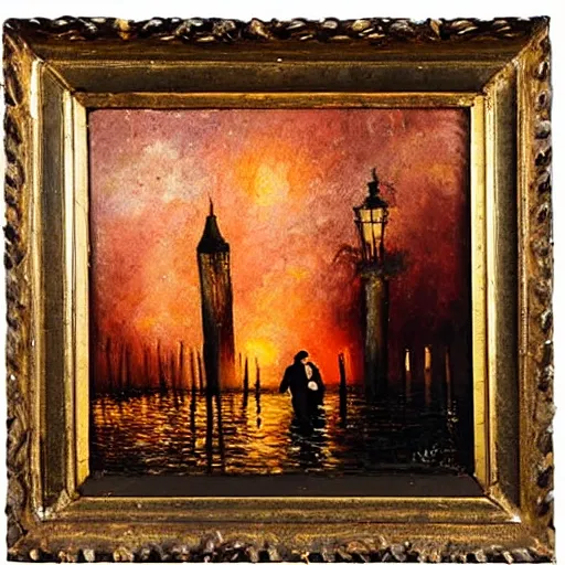 Image similar to an oil painting of couple kissing, in a background fireworks in venice