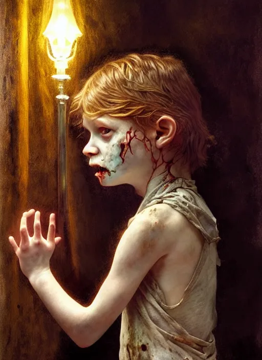 Image similar to a zombie child in a dark living room, diffuse lighting, fantasy, intricate, elegant, highly detailed, lifelike, photorealistic, digital painting, artstation, illustration, concept art, smooth, sharp focus, art by john collier and albert aublet and krenz cushart and artem demura and alphonse mucha