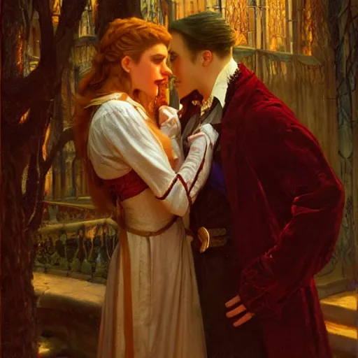 Image similar to attractive male, arthur pendragon confesses his love to attractive male dracula the vampire. highly detailed painting by gaston bussiere, craig mullins, j. c. leyendecker 8 k