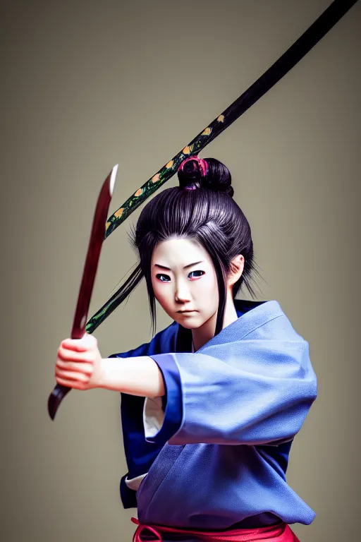 Image similar to highly detailed beautiful photo of a young female samurai, practising sword stances, symmetrical face, beautiful eyes, realistic anime art style, 8 k, award winning photo, pastels, action photography, 1 / 1 2 5 shutter speed, dramatic lighting