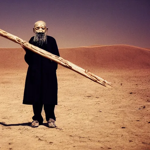 Image similar to full body shot of hanging old asian man with long beard, his head covered in roots, full face occult silver mask, bright multiple glowing eyes, holding a large carved wooden dark fractal stick, hanging upside down, thick smoke around him, in the burning soil desert, cinematic shot, wide angle, dark desert background, volumetric lighting by Denis Villeneuve, Lubezki, Gaspar Noe, Christopher Doyle and Alejandro Jodorowsky, anamorphic lens, anamorphic lens flares, kodakchrome, cinematic composition, practical effects, award winning photo, 8k