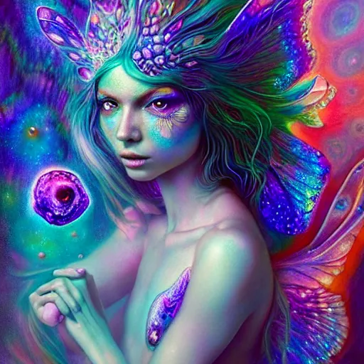 Image similar to An extremely psychedelic crystalline soul fairy, multifaceted, crystals, surreal, dramatic lighting, magic mushrooms, psilocybin, LSD, face, detailed, intricate, elegant, lithe, highly detailed, digital painting, artstation, concept art, smooth, sharp focus, illustration, art by Krenz Cushart and Artem Demura and alphonse mucha