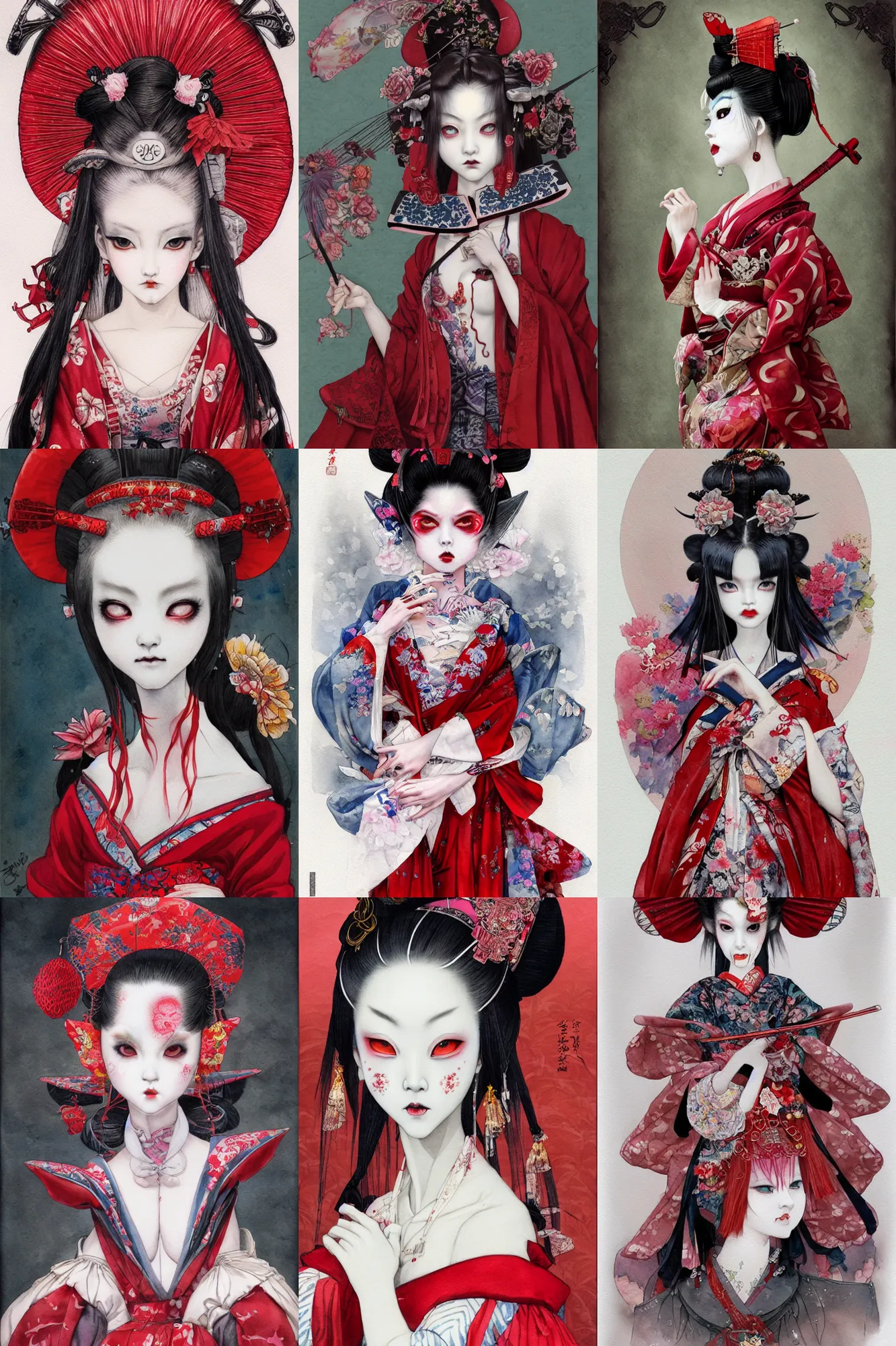 Prompt: watercolor painting of a japanese bjd geisha oni demon with a long neck in a victorian lolita fashion red dress in the style of dark - fantasy painted by yoshitaka amano, tom bagshaw, ayami kojima, dmt art, symmetrical vogue face portrait, intricate detail, artstation, cgsociety, artgerm, rococo