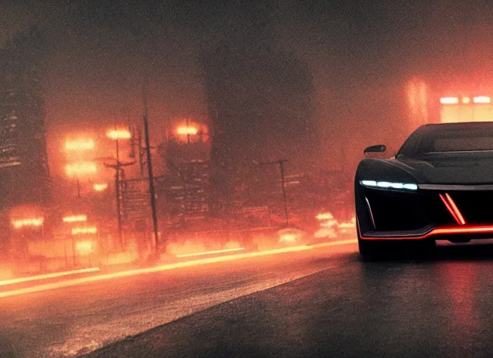 Image similar to Bladerunner 2049 scene red sports car driving on empty road dark atmospheric volumetric lighting grungy moody dark cinematic Roger Deakins Cinematography futuristic cyberpunk car soul red GTR NSX RX8 C3 Chaser S16 Evolution 10 Z07 R34 ikuo maeda Newton Thomas Sigel bladerunner 2049 screen cap still