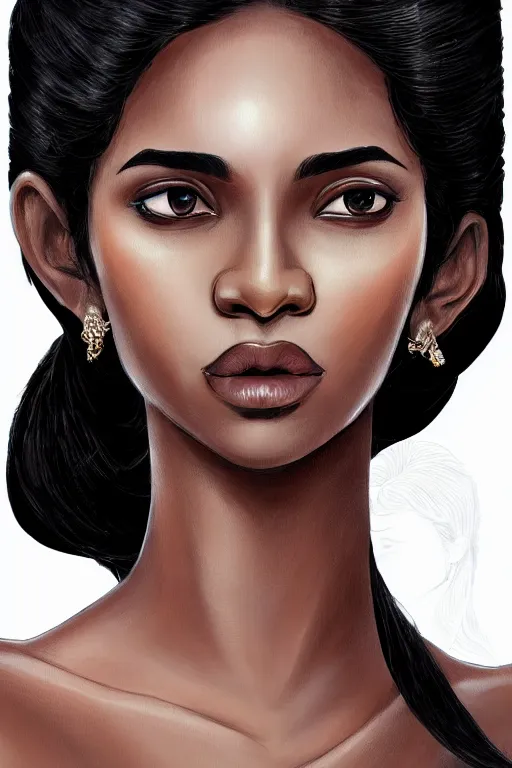 Image similar to A bust of a beautiful black skinned Sri Lankan girl with large lips and smooth eyebrows and straight hair, HD, illustration, epic, fantasy, intricate, elegant, amazing detail, digital painting, artstation, concept art, smooth, sharp focus, illustration, art by Turine Tran