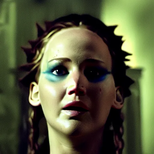 Image similar to jennifer lawrence as frankenstein's monster, color photography, sharp detail, still from the movie