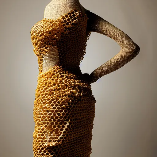 Image similar to a beautiful dress made of a real bee hive, on a mannequin. high resolution, studio lighting