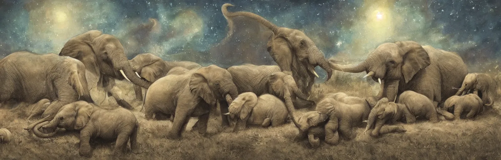 Image similar to two adult elephants and a baby elephants sleeping soundly under a starry sky, small group, surrounded by savannah, illustration, detailed, smooth, soft, warm, by Adolf Lachman, Shaun Tan, Surrealism