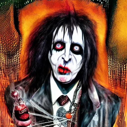 Prompt: graphic illustration, creative design, alice cooper as marilyn manson, biopunk, francis bacon, highly detailed, hunter s thompson, concept art, mixed media 1 6. 0