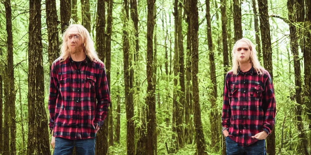 Image similar to tall!!! (((blond))) man wearing a flannel shirt in a forest, long wavy hair, long blond hair, blond, forest, trees, flannel shirt, lumbarjack, photo, low angle photo,