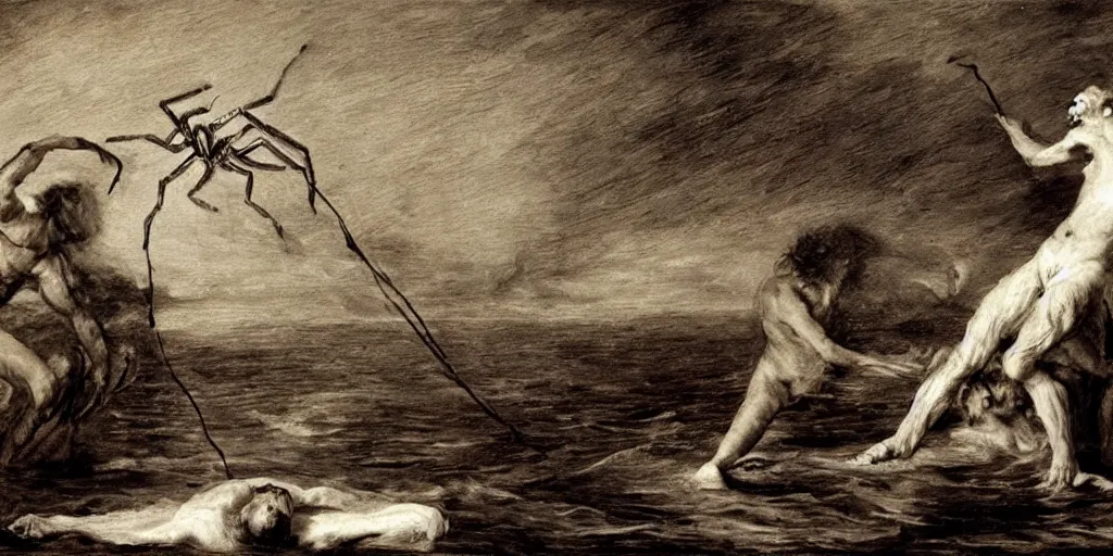 Prompt: hyperrealism Baptism on the river, monster spider in style of Goya