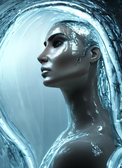 Prompt: epic still of kim kardashian trapped in a transparent alien liquid, wet flowing hair, gooey skin, illustration, unreal engine 5, 8 k, made by h. r. giger.