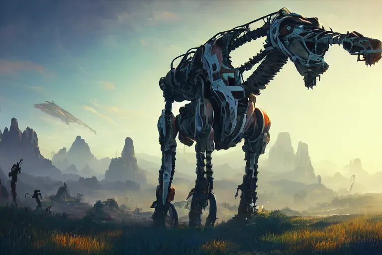 Image similar to tallneck machine mecanical creature robot of horizon forbidden west horizon zero dawn radiating a glowing aura global illumination ray tracing hdr fanart arstation by ian pesty and alena aenami artworks in 4 k