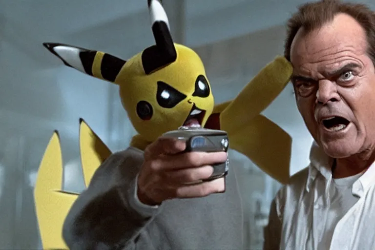 Image similar to Jack Nicholson plays Pikachu Terminator, his inner endoskeleton is exposed, still from the film