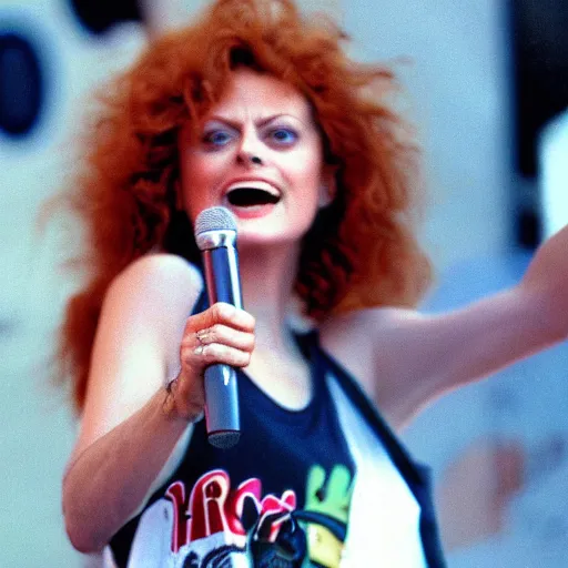 Image similar to 1 9 9 0 s video still of susan sarandon, wearing hip hop urban clothing, rapping on stage at a small outdoor concert, vhs artifacts