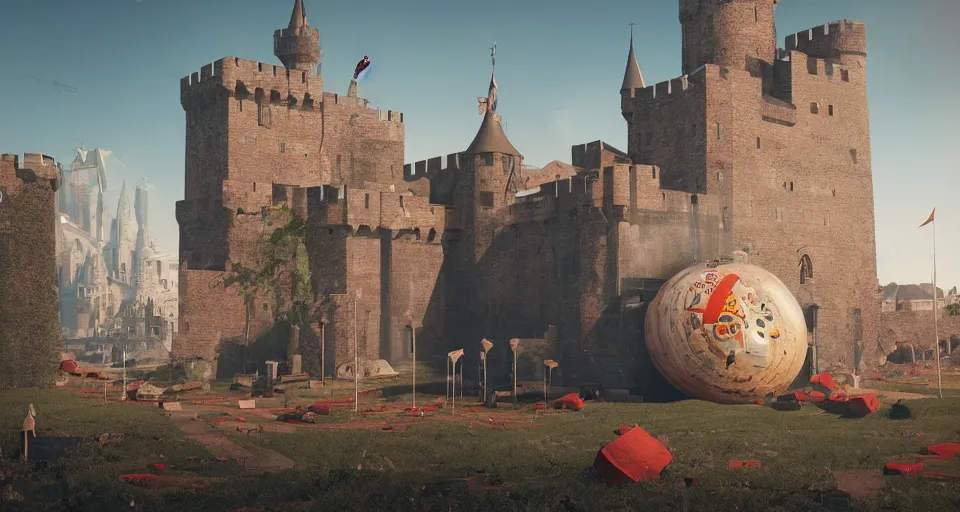 Prompt: A GIANT HUGE campbell soup can crashed right in the middle of a Medieval city, Soup can crashed into a castle rendered by Beeple, environment concept, digital art, unreal engine, 3 point perspective, trending on artstation, low level, 4K UHD image, octane render,