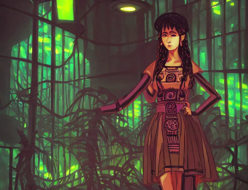 Prompt: aztec scifi barista in a cloud forest cafe, wearing a lovely dress with cyberpunk elements. this oil painting by the award - winning mangaka has an interesting color scheme and impeccable lighting.