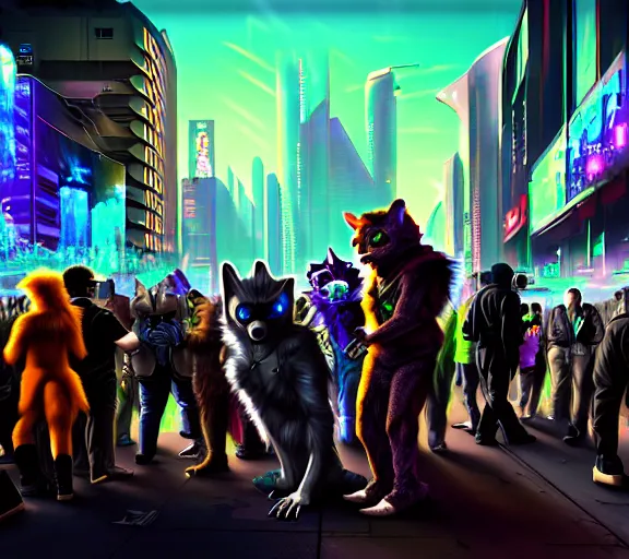 Image similar to high - resolution photograph from a cyberpunk era furry fandom convention ( midwest furfest 2 0 4 7 ), taking place after the genetic revolution and singularity. photorealistic.