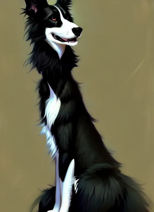 Prompt: wide angle beautiful full body portrait of a cute male anthropomorphic anthro border collie fursona wearing a black dress and sitting in a parlor room, character design by charlie bowater, henry asencio, and ross tran, furry art, furaffinity, beautiful, glamor pose, detailed, aesthetic, trending on artstation