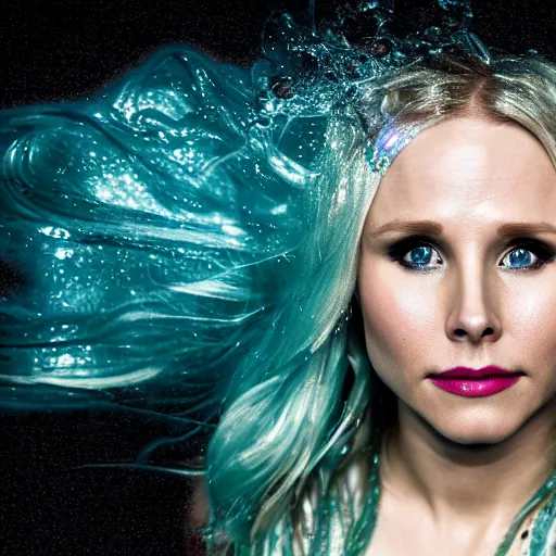 Image similar to Kristen Bell as a mermaid, grungy, unkept hair, glowing eyes, modelsociety, wet from rain, radiant skin, huge anime eyes, RTX on, bright on black, dramatic, studio lighting, perfect face, intricate, Sony a7R IV, symmetric balance, polarizing filter, Photolab, Lightroom, 4K, Dolby Vision, Photography Award