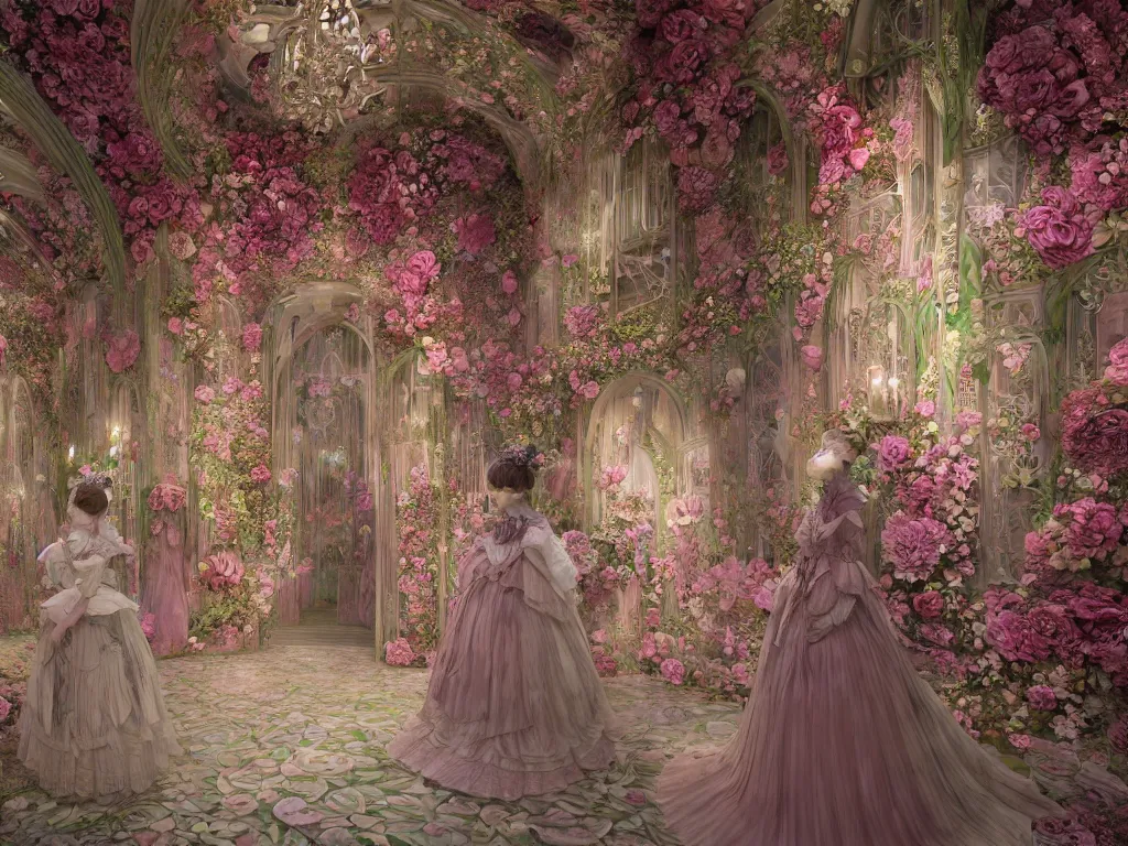 Prompt: the beautiful hyperdetailed physical rendering of rose flower wedding gothic lolita dress clothing design display in stay in bloom,, perfectly shaded, atmospheric lighting, in the style of louis comfort tiffany, makoto shinkai, raphael lacoste louis comfort tiffany, artgerm, karol bak, james jean, ross tran, 8 k hd, fine texture structure, 3 drender,