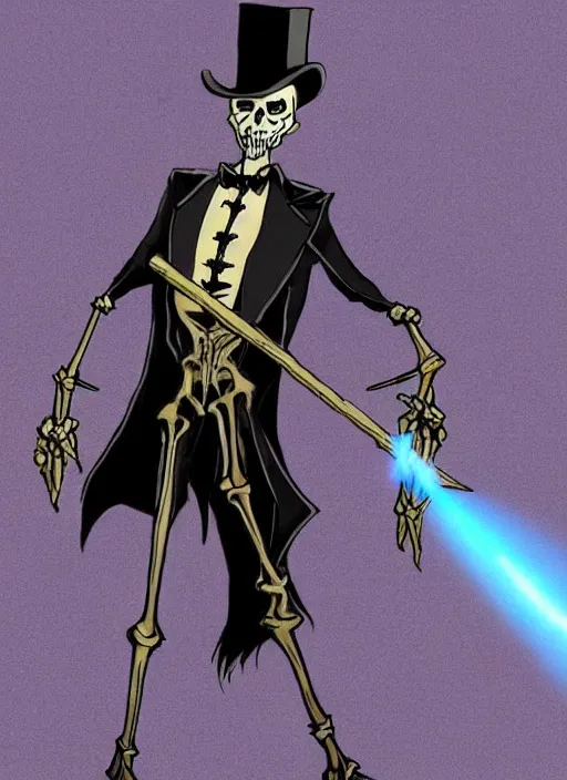 Image similar to DND character concept, Tall skeletal figure, wearing a deep black suit!!! and tie and top hat, holding a golden cane. Surrounded by light blue!!! flames!!