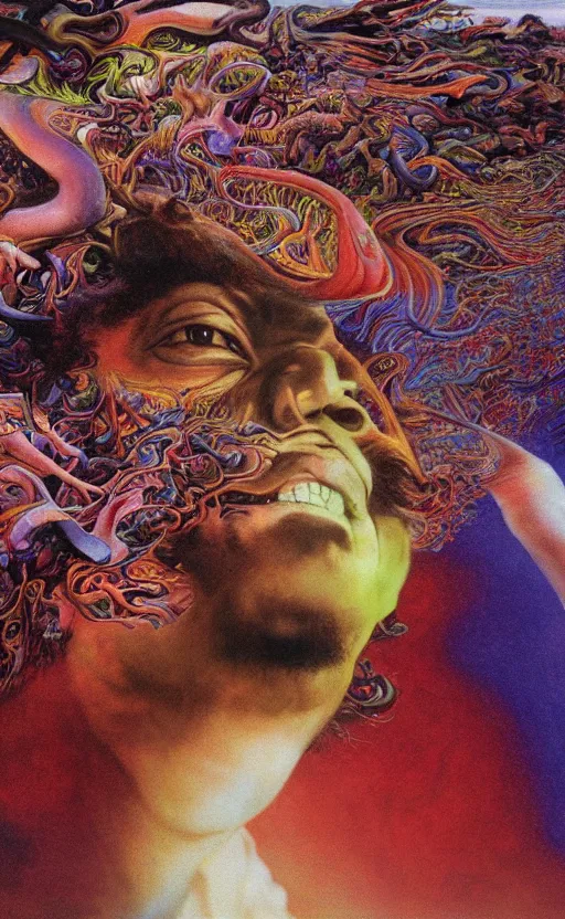 Image similar to ultrawide angle colour masterpiece surreal closeup portrait photography of jimi hendrix playing on stage by miho hirano and annie leibovitz and michael cheval, weird surreal epic psychedelic complex biomorphic 3 d fractal landscape in background by kilian eng and roger dean and salvador dali and beksinski, 8 k