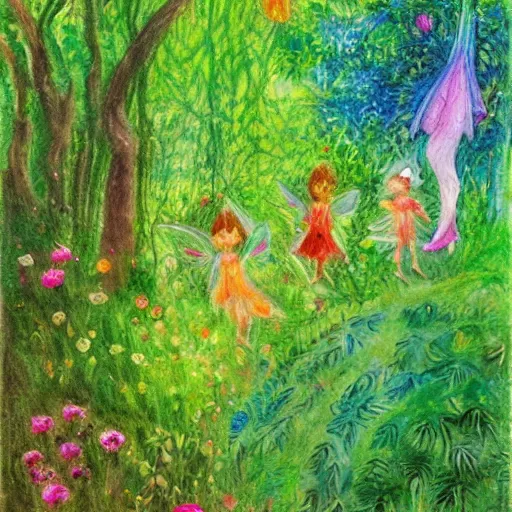 Image similar to tiny fairies playing hide and seek in a dense floral forest, green, colourful, playful, drawing, impressionism