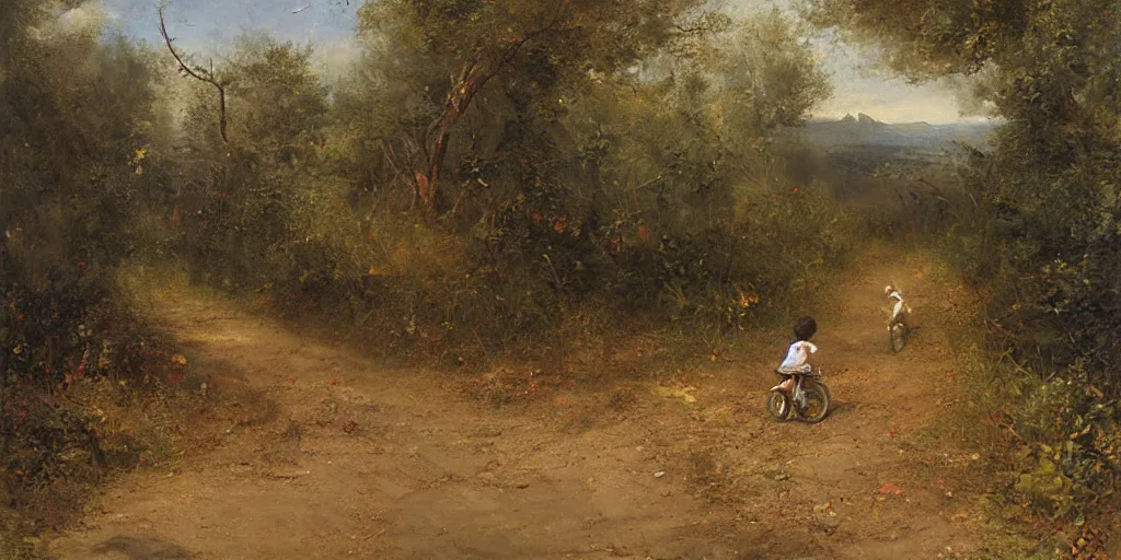 Image similar to artwork by eugene von guerard, a kid on a bike speeding away from zombies