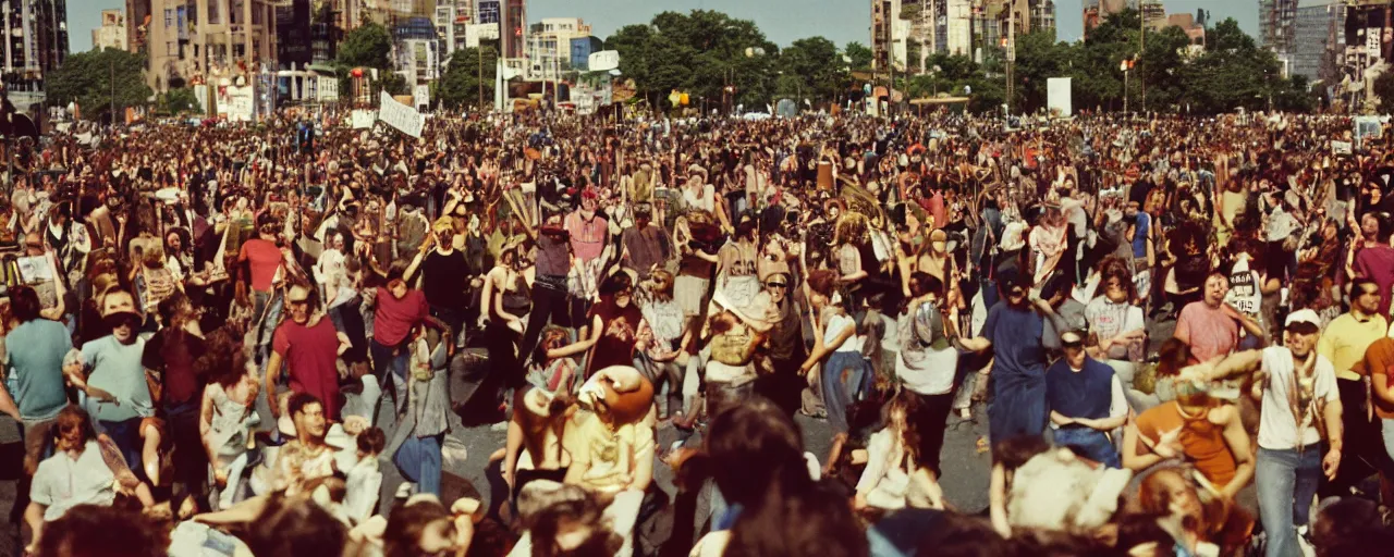 Image similar to ultra wide shot of hippies protesting spaghetti, 1 9 6 0's, balanced,, canon 5 0 mm, cinematic lighting, photography, retro, film, kodachrome