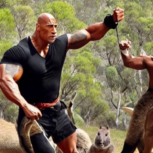 Image similar to dwayne johnson as a ninja fights multiple kangaroos