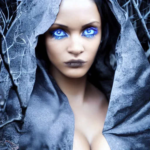 Image similar to cloaked ebony maiden with blue eyes and a beautiful model face in a dark and creepy forest