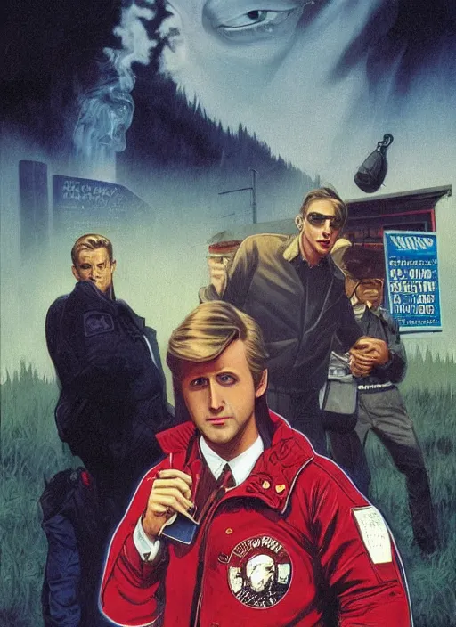 Prompt: ryan gosling in letterman jacket small town crime scene being hunted by the killer, twin peaks poster art, by michael whelan, rossetti bouguereau, artgerm, retro, nostalgic, old fashioned, 1 9 8 0 s teen horror novel cover, book,