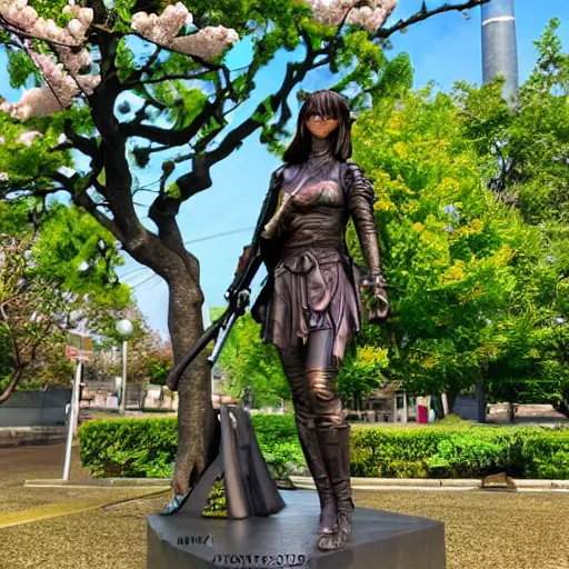 Image similar to bronze statue of a cyberpunk anime woman with an umbrella and a samurai sword kneeling next to a cherry blossom tree