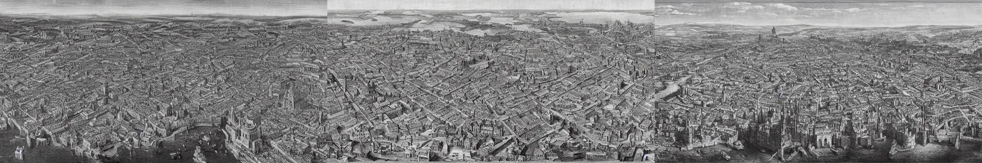 Prompt: the biggest medieval city ever, aerial view, by Gustave Doré